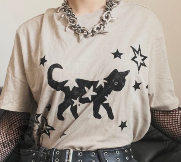 Beige Starry Black Cat Handprinted Linocut Shirt giftyzy 1