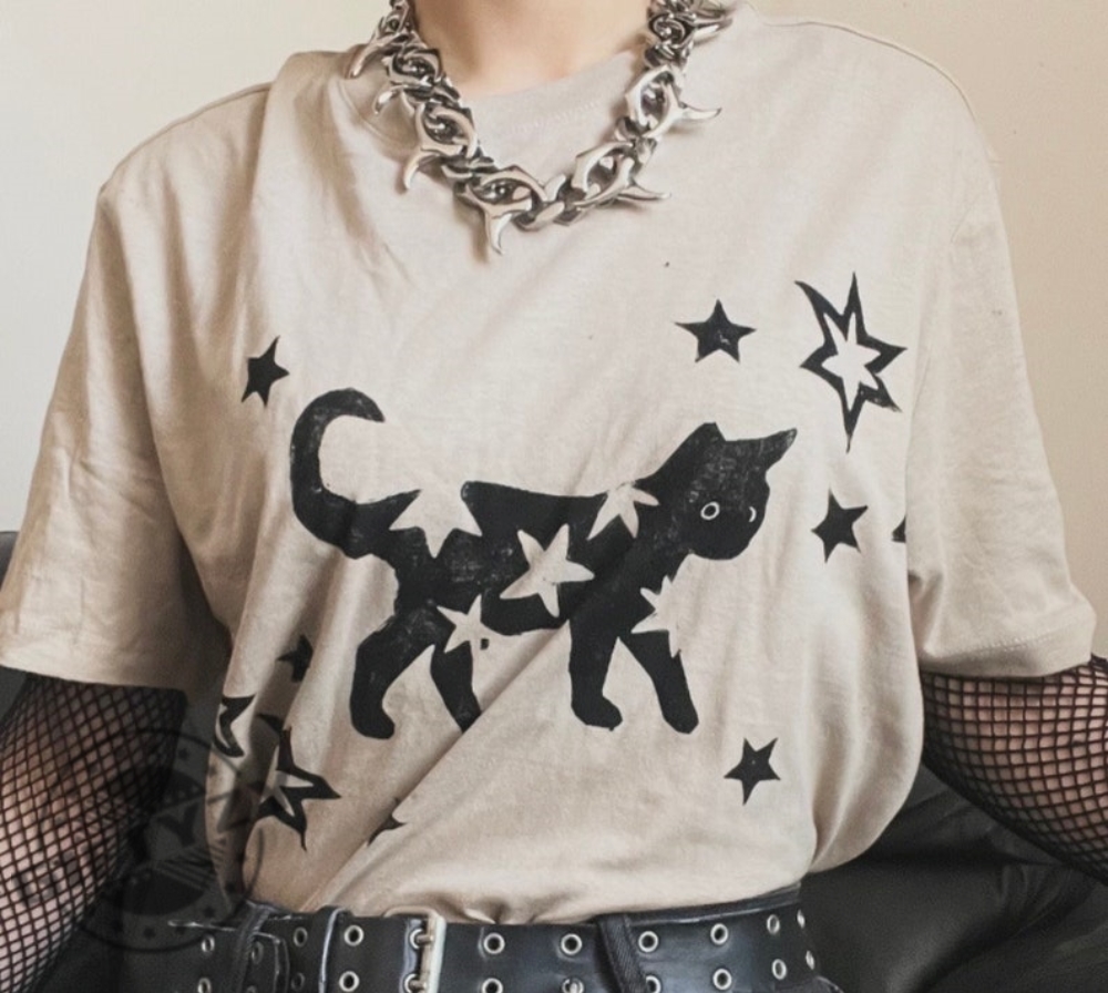 Beige Starry Black Cat Handprinted Linocut Shirt