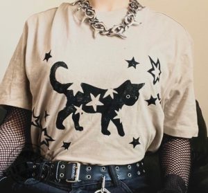 Beige Starry Black Cat Handprinted Linocut Shirt giftyzy 3