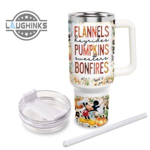 custom name mickey mouse flannels pumpkins bonfires pattern 40oz stainless steel tumbler with handle and straw lid personalized stanley tumbler dupe 40 oz stainless steel travel cups laughinks 1 3