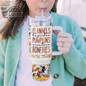 custom name mickey mouse flannels pumpkins bonfires pattern 40oz stainless steel tumbler with handle and straw lid personalized stanley tumbler dupe 40 oz stainless steel travel cups laughinks 1 5