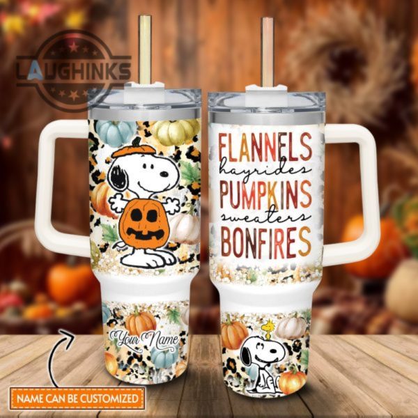 custom name snoopy flannels pumpkins bonfires pattern 40oz stainless steel tumbler with handle and straw lid personalized stanley tumbler dupe 40 oz stainless steel travel cups laughinks 1