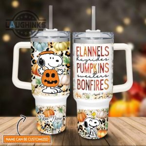 custom name snoopy flannels pumpkins bonfires pattern 40oz stainless steel tumbler with handle and straw lid personalized stanley tumbler dupe 40 oz stainless steel travel cups laughinks 1 1