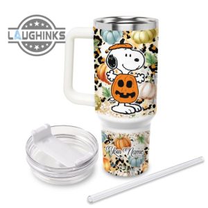 custom name snoopy flannels pumpkins bonfires pattern 40oz stainless steel tumbler with handle and straw lid personalized stanley tumbler dupe 40 oz stainless steel travel cups laughinks 1 2
