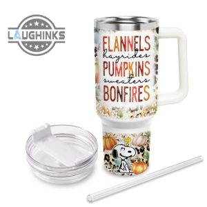 custom name snoopy flannels pumpkins bonfires pattern 40oz stainless steel tumbler with handle and straw lid personalized stanley tumbler dupe 40 oz stainless steel travel cups laughinks 1 3