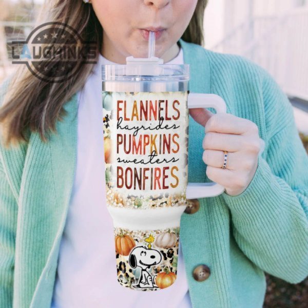custom name snoopy flannels pumpkins bonfires pattern 40oz stainless steel tumbler with handle and straw lid personalized stanley tumbler dupe 40 oz stainless steel travel cups laughinks 1 5