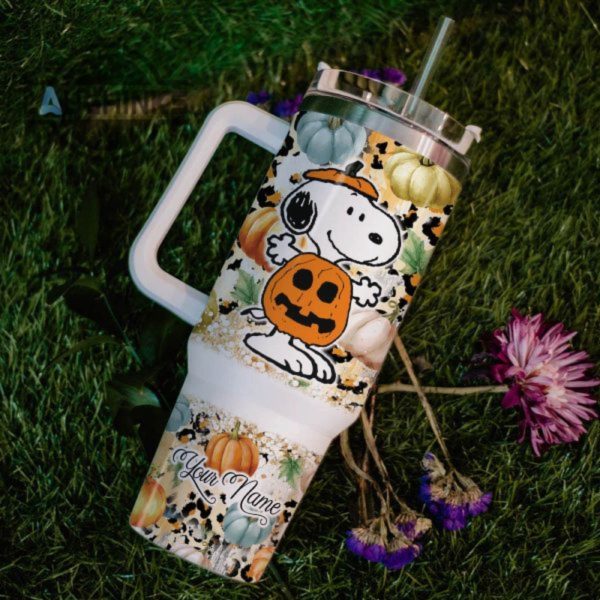 custom name snoopy flannels pumpkins bonfires pattern 40oz stainless steel tumbler with handle and straw lid personalized stanley tumbler dupe 40 oz stainless steel travel cups laughinks 1 6