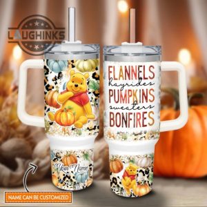 custom name winnie the pooh flannels pumpkins bonfires pattern 40oz stainless steel tumbler with handle and straw lid personalized stanley tumbler dupe 40 oz stainless steel travel cups laughinks 1