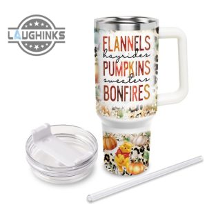 custom name winnie the pooh flannels pumpkins bonfires pattern 40oz stainless steel tumbler with handle and straw lid personalized stanley tumbler dupe 40 oz stainless steel travel cups laughinks 1 2