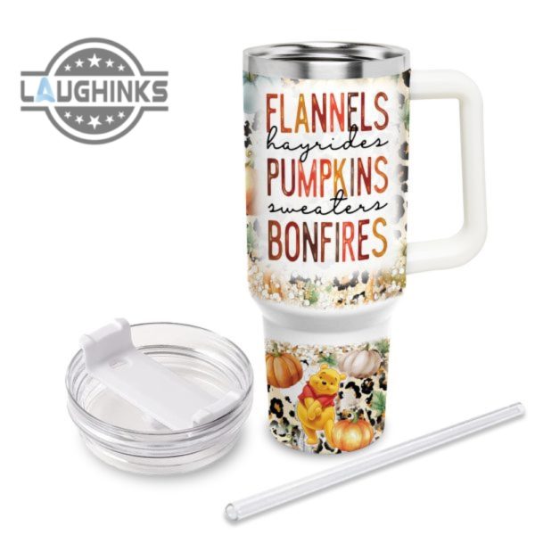 custom name winnie the pooh flannels pumpkins bonfires pattern 40oz stainless steel tumbler with handle and straw lid personalized stanley tumbler dupe 40 oz stainless steel travel cups laughinks 1 2