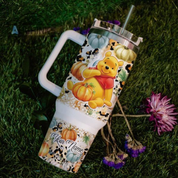 custom name winnie the pooh flannels pumpkins bonfires pattern 40oz stainless steel tumbler with handle and straw lid personalized stanley tumbler dupe 40 oz stainless steel travel cups laughinks 1 5