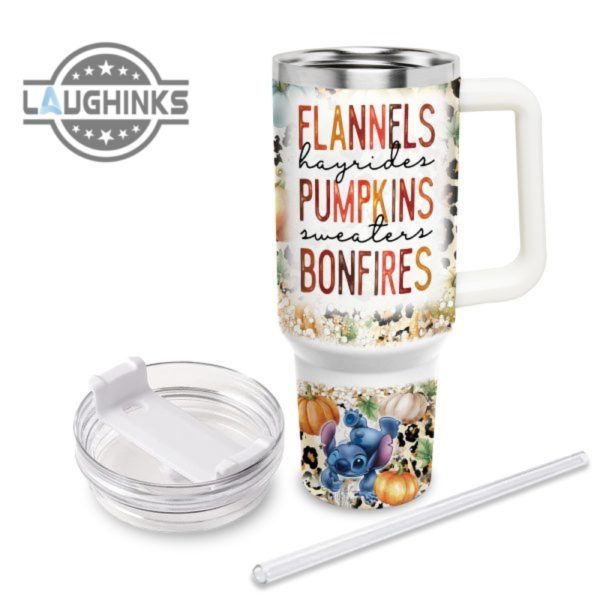 custom name stitch flannels pumpkins bonfires pattern 40oz stainless steel tumbler with handle and straw lid personalized stanley tumbler dupe 40 oz stainless steel travel cups laughinks 1 2