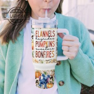 custom name stitch flannels pumpkins bonfires pattern 40oz stainless steel tumbler with handle and straw lid personalized stanley tumbler dupe 40 oz stainless steel travel cups laughinks 1 4