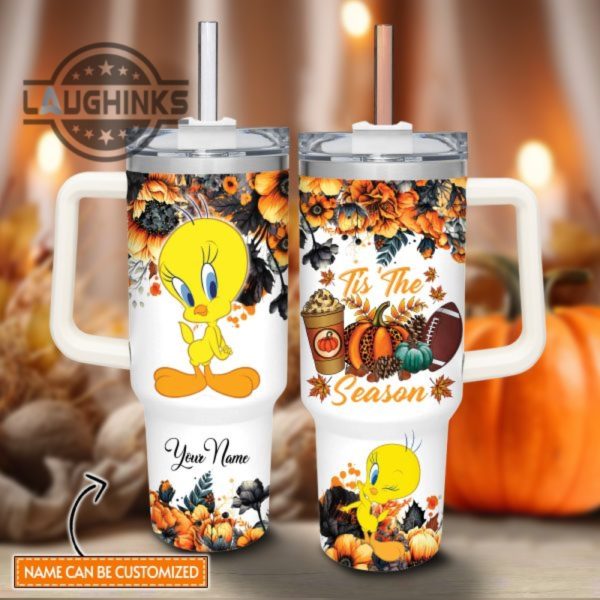 custom name tweety tis the season fall leaf pattern 40oz stainless steel tumbler with handle and straw lid personalized stanley tumbler dupe 40 oz stainless steel travel cups laughinks 1