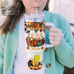 custom name tweety tis the season fall leaf pattern 40oz stainless steel tumbler with handle and straw lid personalized stanley tumbler dupe 40 oz stainless steel travel cups laughinks 1 4