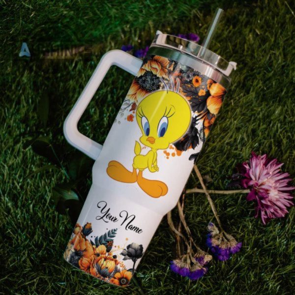 custom name tweety tis the season fall leaf pattern 40oz stainless steel tumbler with handle and straw lid personalized stanley tumbler dupe 40 oz stainless steel travel cups laughinks 1 5
