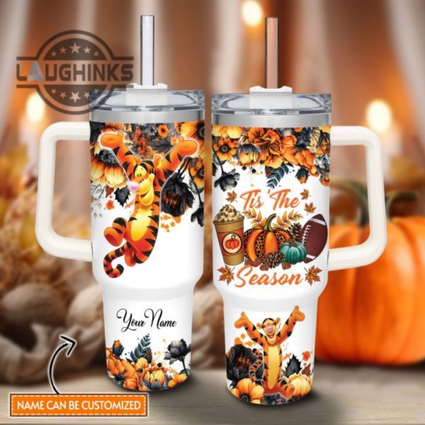 custom name tigger tis the season fall leaf pattern 40oz stainless steel tumbler with handle and straw lid personalized stanley tumbler dupe 40 oz stainless steel travel cups laughinks 1