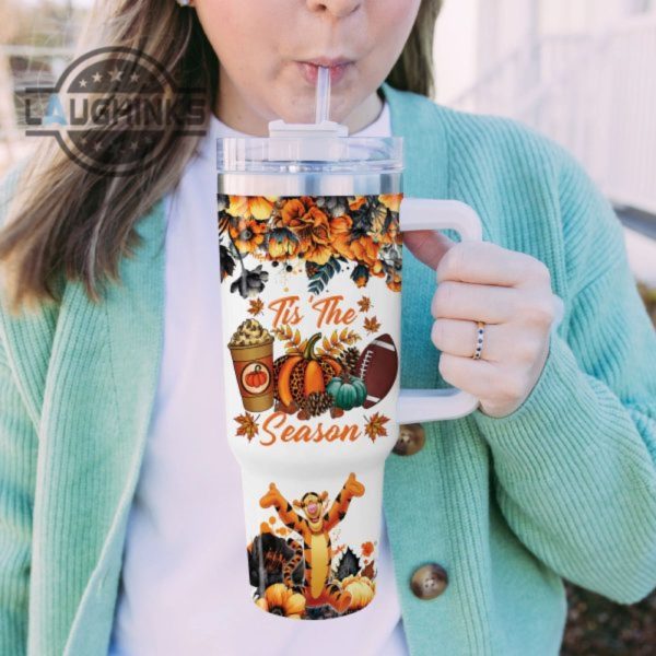 custom name tigger tis the season fall leaf pattern 40oz stainless steel tumbler with handle and straw lid personalized stanley tumbler dupe 40 oz stainless steel travel cups laughinks 1 4