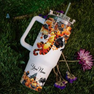 custom name tigger tis the season fall leaf pattern 40oz stainless steel tumbler with handle and straw lid personalized stanley tumbler dupe 40 oz stainless steel travel cups laughinks 1 5