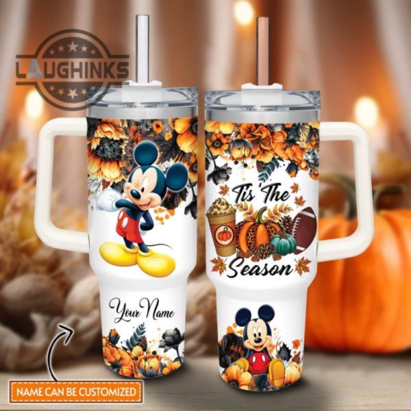 custom name mickey mouse tis the season fall leaf pattern 40oz stainless steel tumbler with handle and straw lid personalized stanley tumbler dupe 40 oz stainless steel travel cups laughinks 1