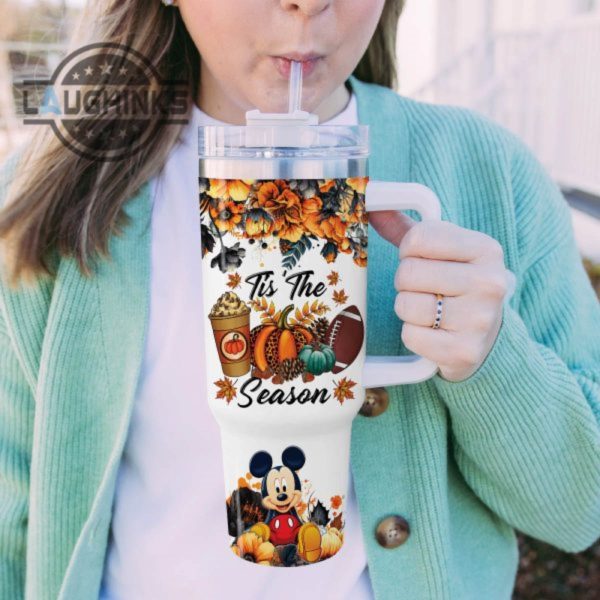 custom name mickey mouse tis the season fall leaf pattern 40oz stainless steel tumbler with handle and straw lid personalized stanley tumbler dupe 40 oz stainless steel travel cups laughinks 1 4