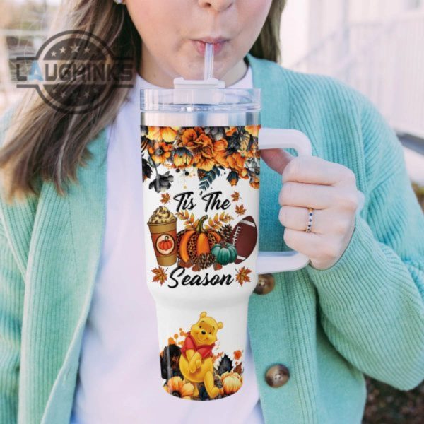 custom name winnie the pooh tis the season fall leaf pattern 40oz stainless steel tumbler with handle and straw lid personalized stanley tumbler dupe 40 oz stainless steel travel cups laughinks 1 4