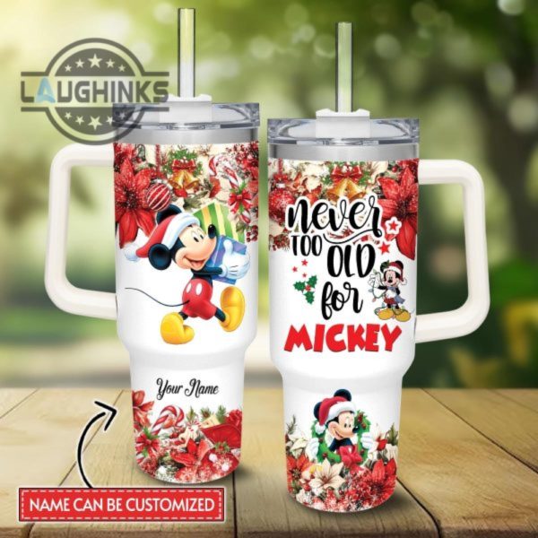 custom name mickey mouse poinsettia red flower christmas pattern 40oz stainless steel tumbler with handle and straw lid personalized stanley tumbler dupe 40 oz stainless steel travel cups laughinks 1