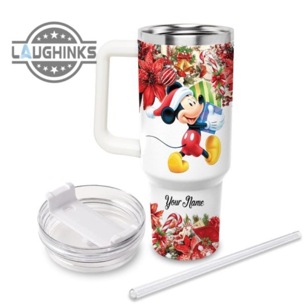 custom name mickey mouse poinsettia red flower christmas pattern 40oz stainless steel tumbler with handle and straw lid personalized stanley tumbler dupe 40 oz stainless steel travel cups laughinks 1 1