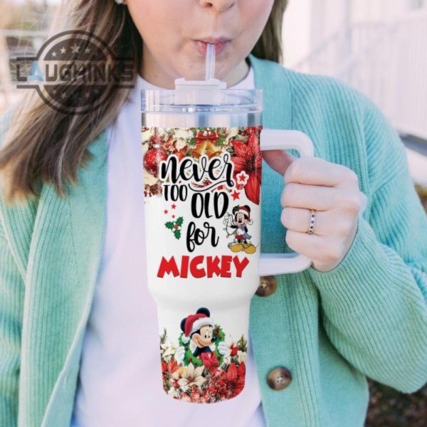 custom name mickey mouse poinsettia red flower christmas pattern 40oz stainless steel tumbler with handle and straw lid personalized stanley tumbler dupe 40 oz stainless steel travel cups laughinks 1 4