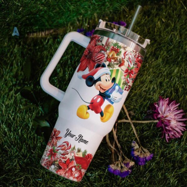 custom name mickey mouse poinsettia red flower christmas pattern 40oz stainless steel tumbler with handle and straw lid personalized stanley tumbler dupe 40 oz stainless steel travel cups laughinks 1 5