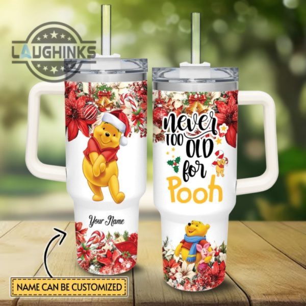 custom name winnie the pooh poinsettia red flower christmas pattern 40oz stainless steel tumbler with handle and straw lid personalized stanley tumbler dupe 40 oz stainless steel travel cups laughinks 1