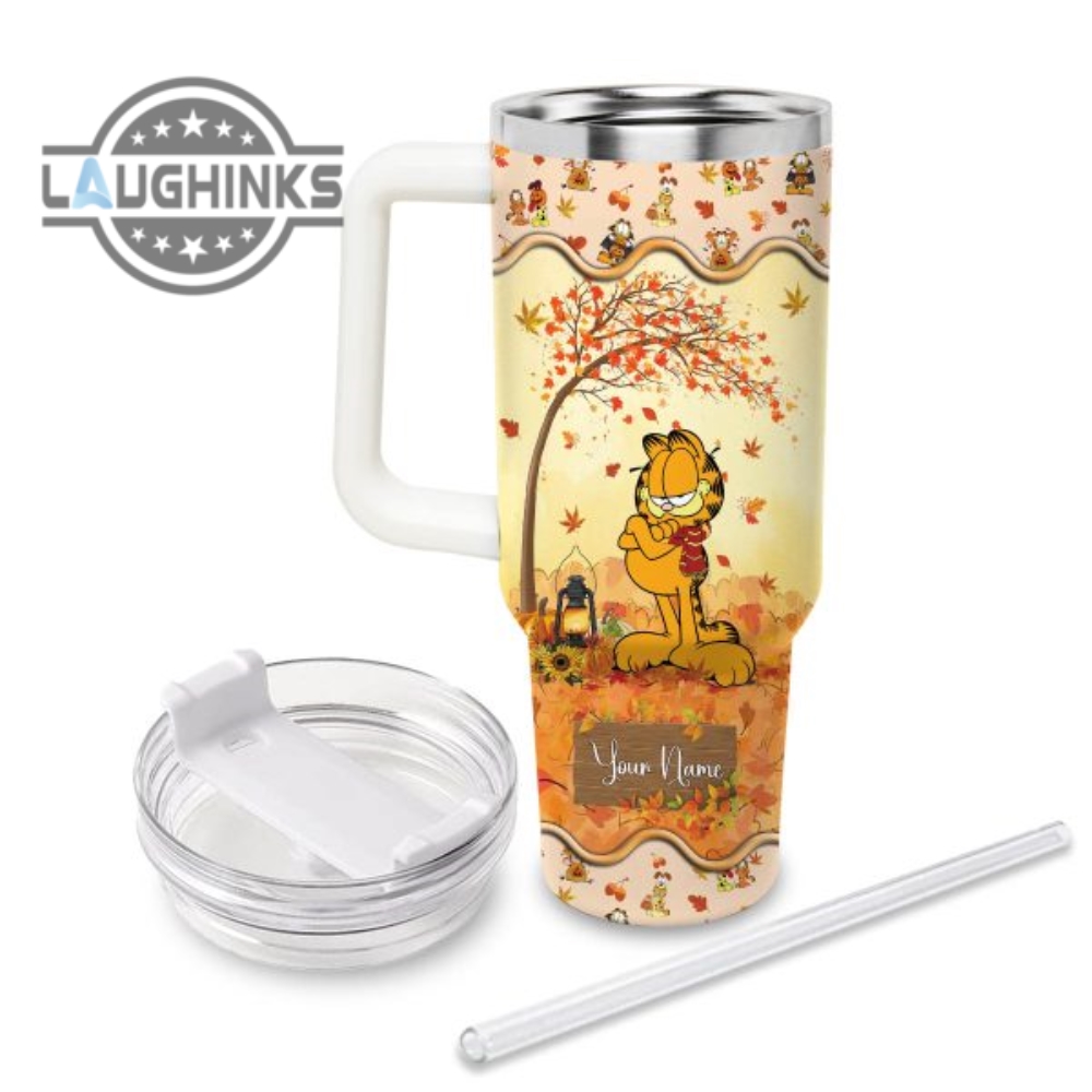 Custom Name Garfield Most Wonderful Time Fall Leaf Pattern 40Oz Stainless Steel Tumbler With Handle And Straw Lid Personalized Stanley Tumbler Dupe 40 Oz Stainless Steel Travel Cups