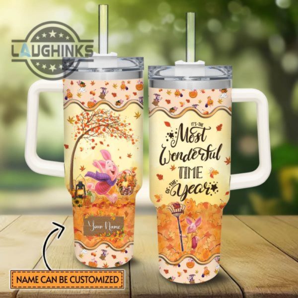 custom name piglet most wonderful time fall leaf pattern 40oz stainless steel tumbler with handle and straw lid personalized stanley tumbler dupe 40 oz stainless steel travel cups laughinks 1