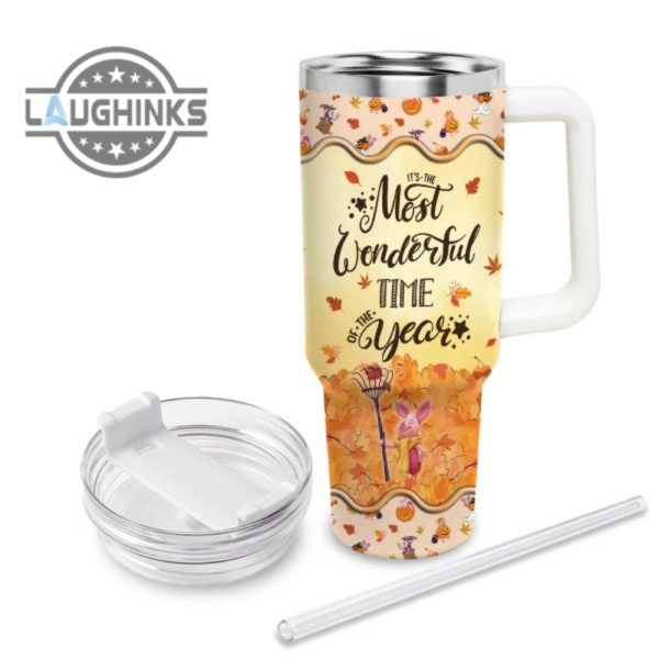custom name piglet most wonderful time fall leaf pattern 40oz stainless steel tumbler with handle and straw lid personalized stanley tumbler dupe 40 oz stainless steel travel cups laughinks 1 2