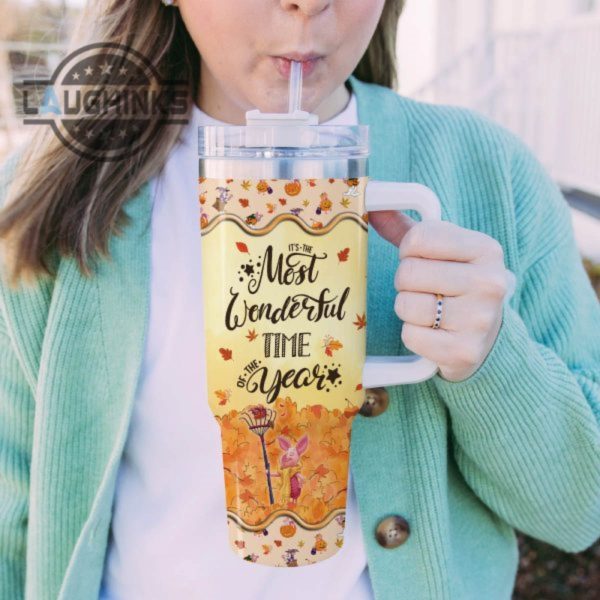 custom name piglet most wonderful time fall leaf pattern 40oz stainless steel tumbler with handle and straw lid personalized stanley tumbler dupe 40 oz stainless steel travel cups laughinks 1 4
