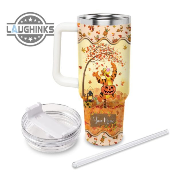 custom name tigger most wonderful time fall leaf pattern 40oz stainless steel tumbler with handle and straw lid personalized stanley tumbler dupe 40 oz stainless steel travel cups laughinks 1 1