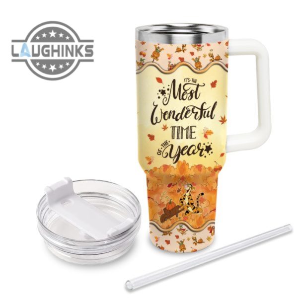 custom name tigger most wonderful time fall leaf pattern 40oz stainless steel tumbler with handle and straw lid personalized stanley tumbler dupe 40 oz stainless steel travel cups laughinks 1 2