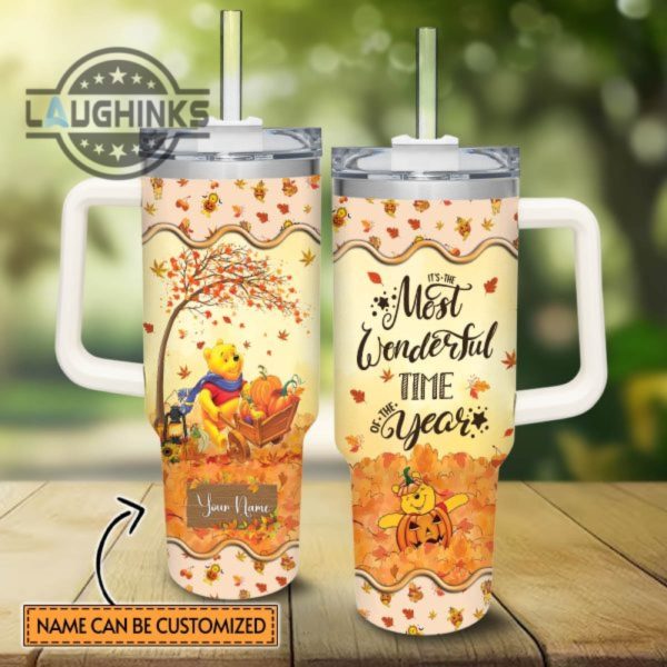 custom name winnie the pooh most wonderful time fall leaf pattern 40oz stainless steel tumbler with handle and straw lid personalized stanley tumbler dupe 40 oz stainless steel travel cups laughinks 1