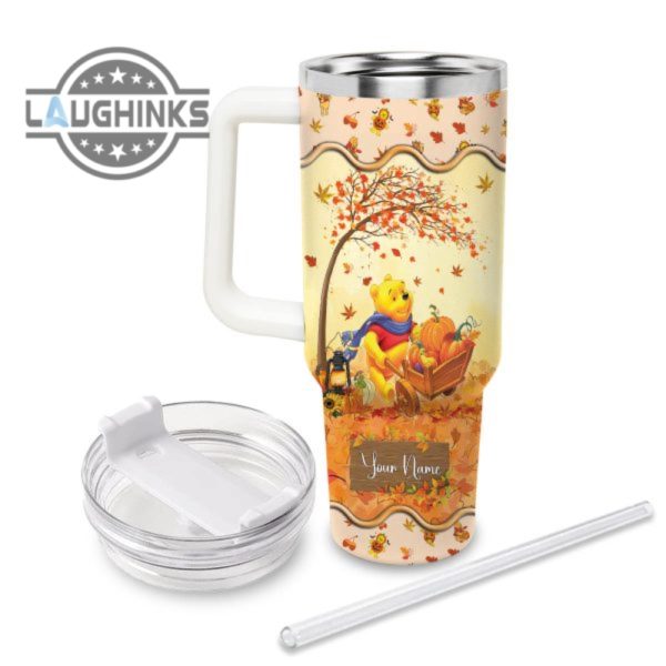 custom name winnie the pooh most wonderful time fall leaf pattern 40oz stainless steel tumbler with handle and straw lid personalized stanley tumbler dupe 40 oz stainless steel travel cups laughinks 1 1