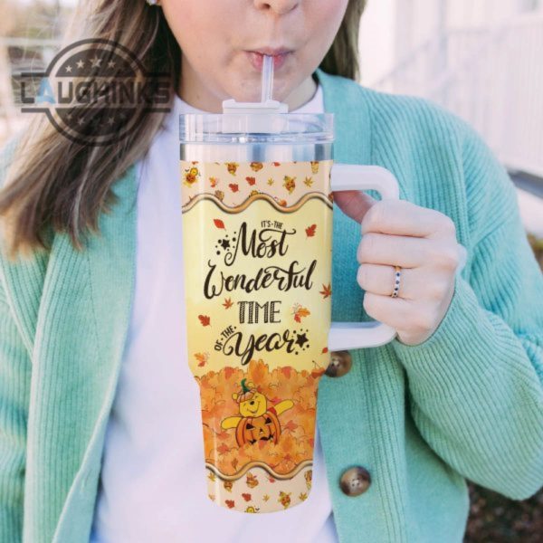 custom name winnie the pooh most wonderful time fall leaf pattern 40oz stainless steel tumbler with handle and straw lid personalized stanley tumbler dupe 40 oz stainless steel travel cups laughinks 1 4