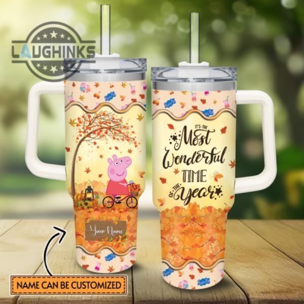 custom name pegga pig most wonderful time fall leaf pattern 40oz stainless steel tumbler with handle and straw lid personalized stanley tumbler dupe 40 oz stainless steel travel cups laughinks 1
