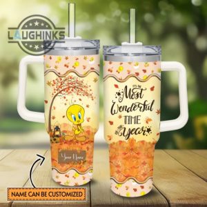 custom name tweety most wonderful time fall leaf pattern 40oz stainless steel tumbler with handle and straw lid personalized stanley tumbler dupe 40 oz stainless steel travel cups laughinks 1