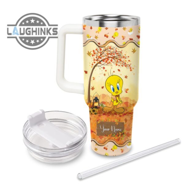 custom name tweety most wonderful time fall leaf pattern 40oz stainless steel tumbler with handle and straw lid personalized stanley tumbler dupe 40 oz stainless steel travel cups laughinks 1 1