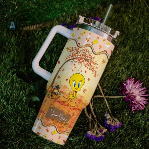 custom name tweety most wonderful time fall leaf pattern 40oz stainless steel tumbler with handle and straw lid personalized stanley tumbler dupe 40 oz stainless steel travel cups laughinks 1 5