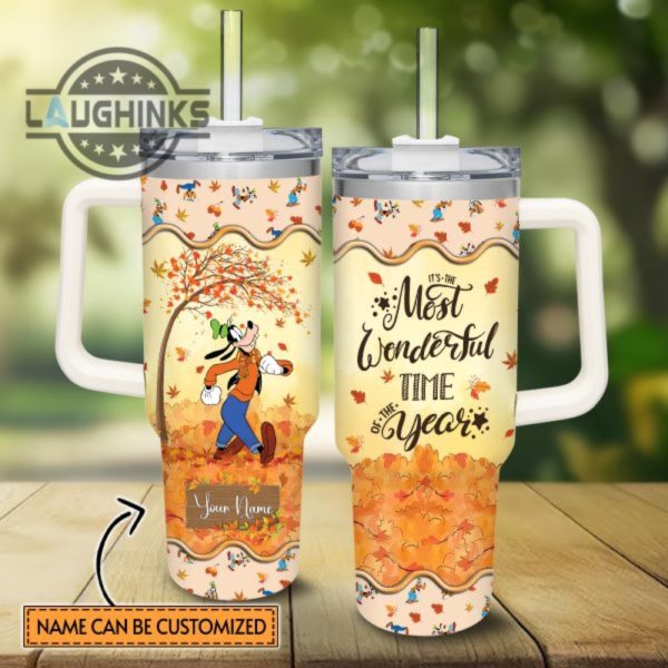 custom name goofy most wonderful time fall leaf pattern 40oz stainless steel tumbler with handle and straw lid personalized stanley tumbler dupe 40 oz stainless steel travel cups laughinks 1