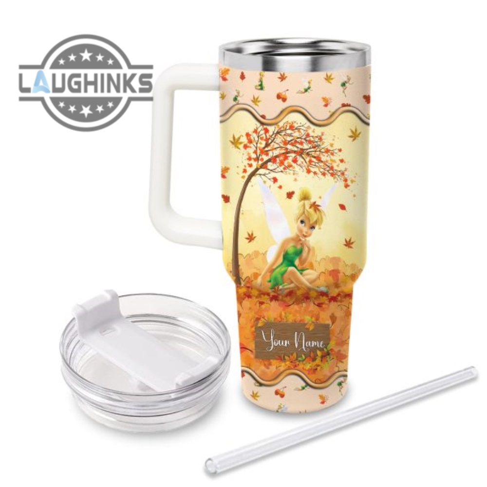 Custom Name Tinker Bell Most Wonderful Time Fall Leaf Pattern 40Oz Stainless Steel Tumbler With Handle And Straw Lid Personalized Stanley Tumbler Dupe 40 Oz Stainless Steel Travel Cups