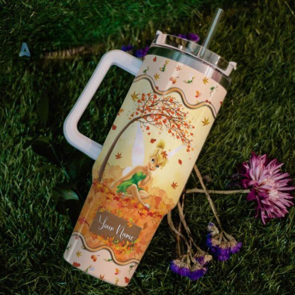custom name tinker bell most wonderful time fall leaf pattern 40oz stainless steel tumbler with handle and straw lid personalized stanley tumbler dupe 40 oz stainless steel travel cups laughinks 1 5