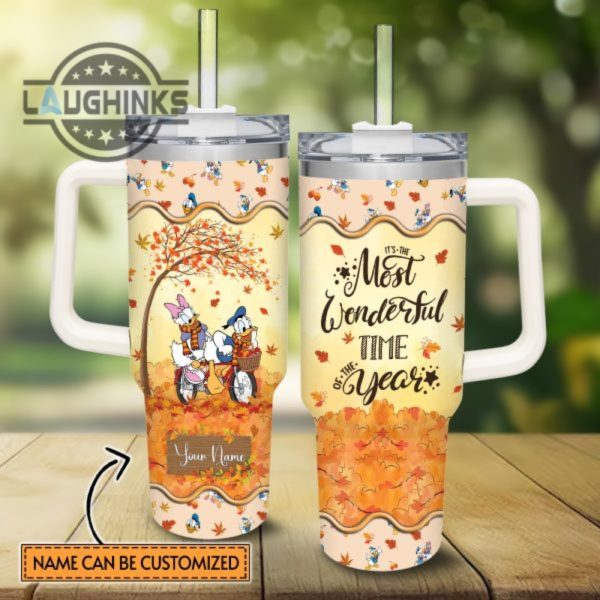 custom name donald duck most wonderful time fall leaf pattern 40oz stainless steel tumbler with handle and straw lid personalized stanley tumbler dupe 40 oz stainless steel travel cups laughinks 1
