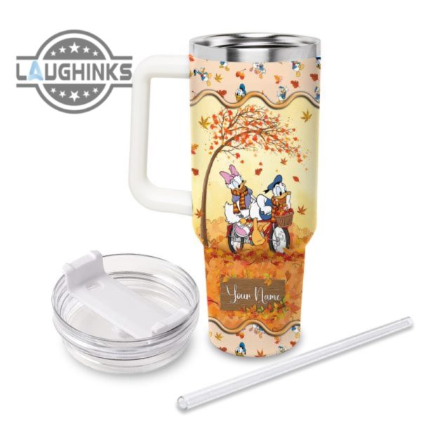 custom name donald duck most wonderful time fall leaf pattern 40oz stainless steel tumbler with handle and straw lid personalized stanley tumbler dupe 40 oz stainless steel travel cups laughinks 1 1