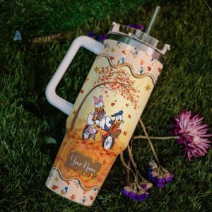 custom name donald duck most wonderful time fall leaf pattern 40oz stainless steel tumbler with handle and straw lid personalized stanley tumbler dupe 40 oz stainless steel travel cups laughinks 1 5